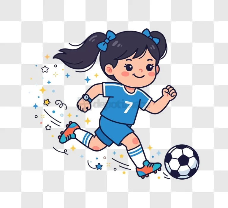 Cute Girl Playing Soccer Animated cartoon style blue uniform stars