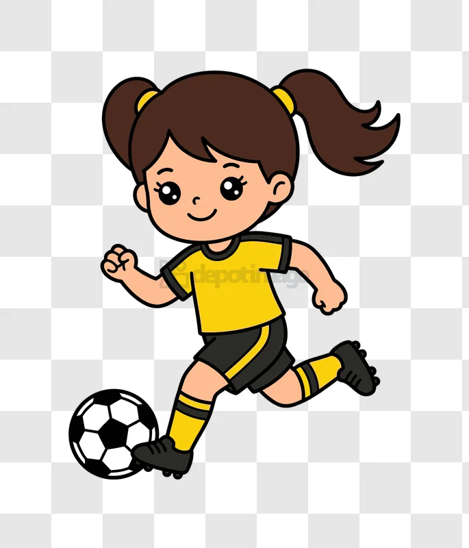 Cute Girl Playing Soccer Black Outline cartoon style yellow uniform