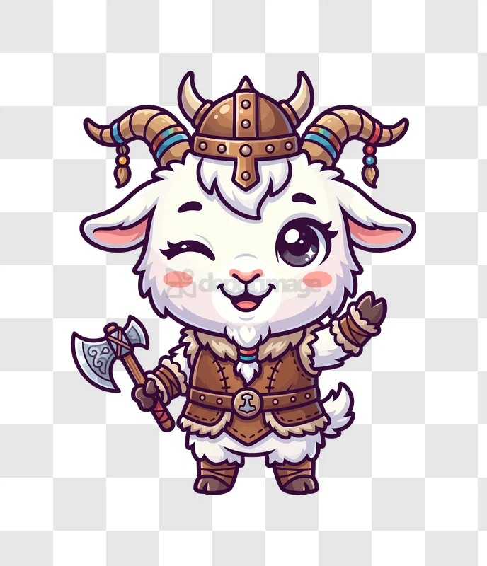 Cute Goat Viking Winking Holding Axe cartoon style transparent background