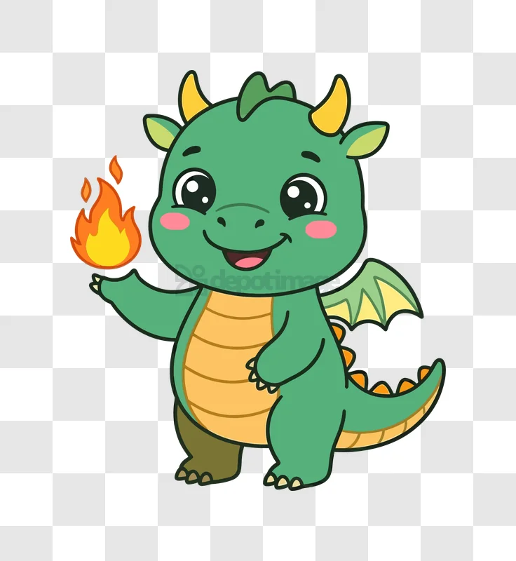Cute Green Dragon Holding Fire cartoon style transparent background