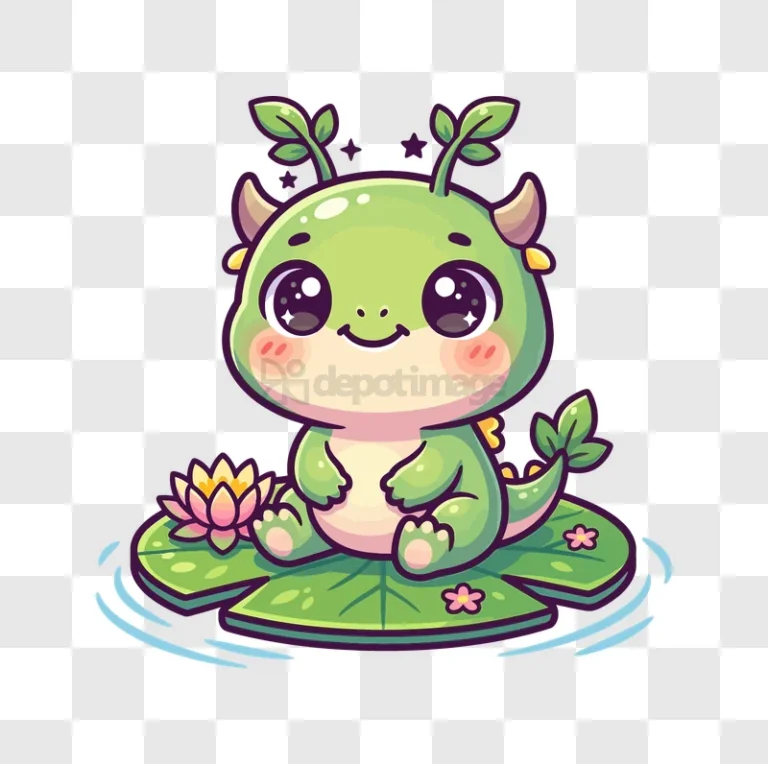Cute Green Dragon Sitting on Lilypad cartoon style transparent background
