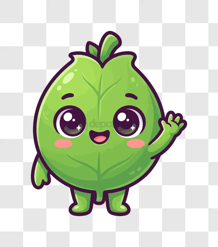 Cute Green Leaf Cartoon Waving Hello vibrant green character transparent background
