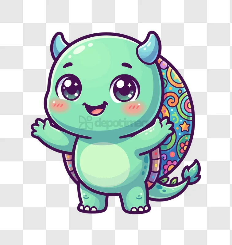 Cute Green Monster With Colorful Shell cartoon style transparent background