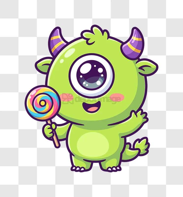 Cute Green Monster With Lollipop cartoon style vibrant colors transparent background