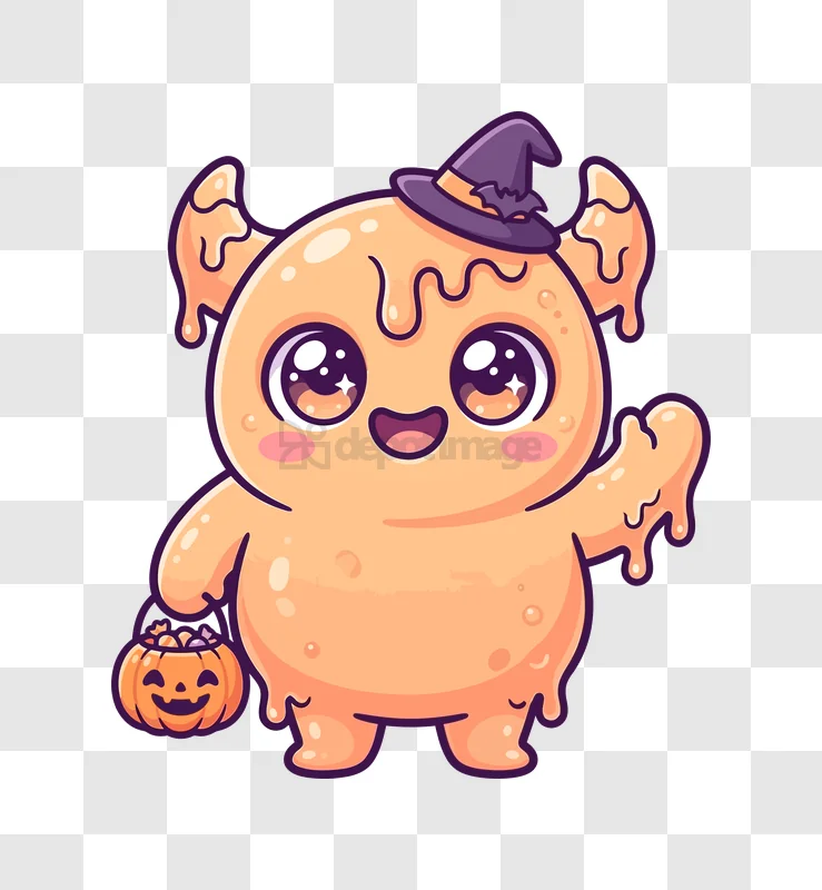 Cute Halloween Slime Monster Cartoon orange gooey creature witch hat