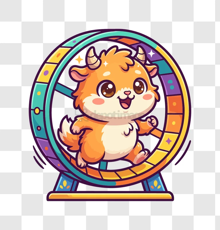Cute Hamster Running on Wheel cartoon style colorful wheel transparent background