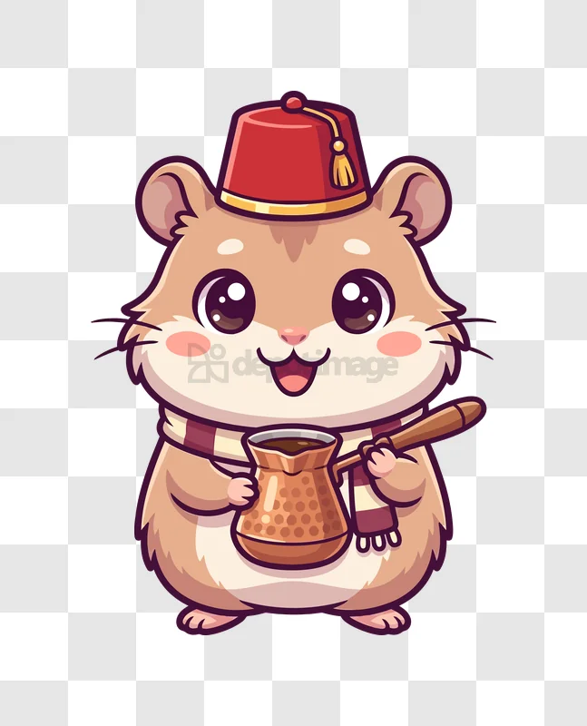 Cute Hamster Wearing a Fez Hat Holding a Cezve With Coffee cartoon style transparent background
