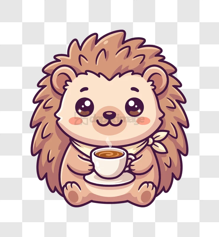 Cute Hedgehog Holding a Hot Coffee, cartoon style transparent background, warm colors