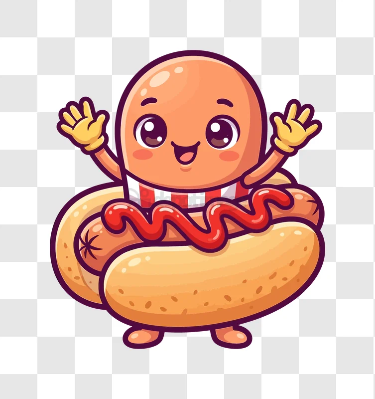 Cute Hot Dog Cartoon Waving Happy cartoon style transparent background