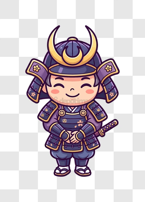 Cute Japanese Samurai Chibi Style cartoon character purple gold armor