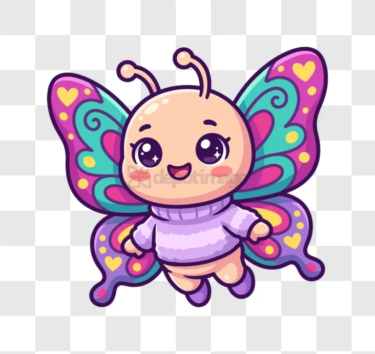 Cute Kawaii Butterfly Smiling Flying colorful cartoon transparent background
