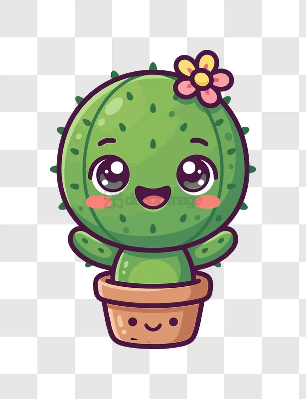 Cute Kawaii Cactus in Flowerpot, green pink cartoon transparent background