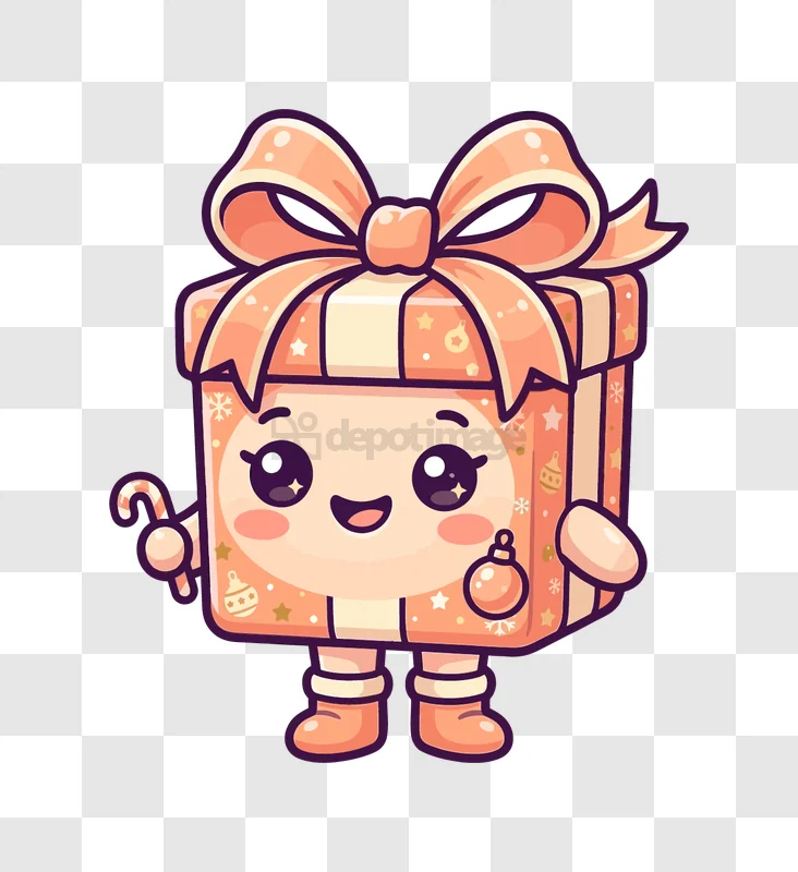 Cute Kawaii Christmas Gift Box, cartoon style orange transparent background