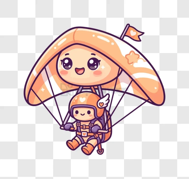 Cute Kawaii Hang Glider Character Flying Adorable Cartoon Illustration orange cartoon style transparent background