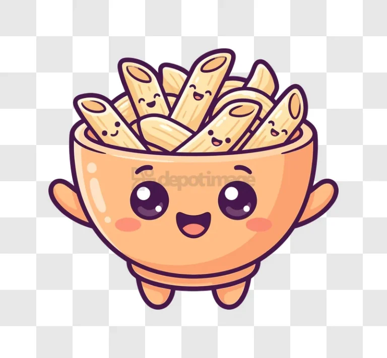 Cute Kawaii Penne Pasta Bowl cartoon style transparent background