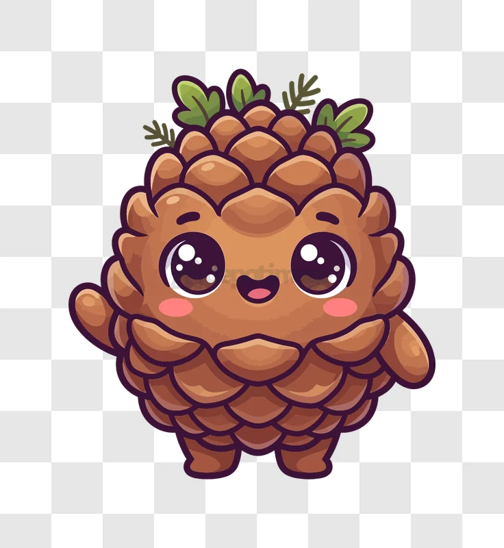 Cute Kawaii Pinecone Cartoon Character, adorable brown green cartoon style