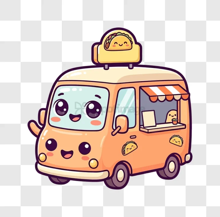 Cute Kawaii Taco Food Truck Van cheerful orange cartoon transparent background