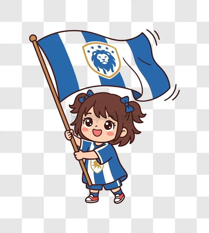 Cute Kid Holding Blue White Flag cartoon style, blue white uniform