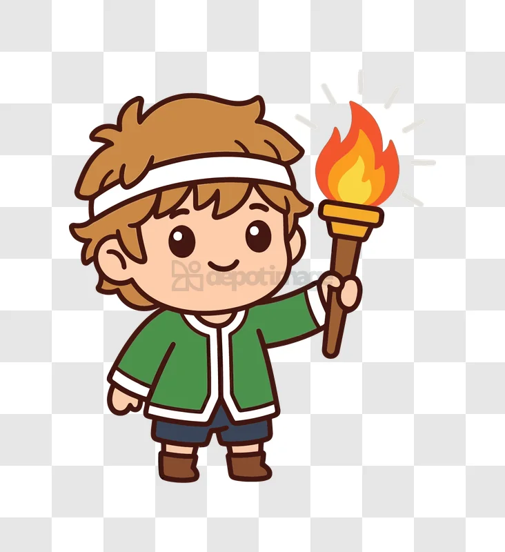 Cute Kid Holding Flaming Torch cartoon style transparent background