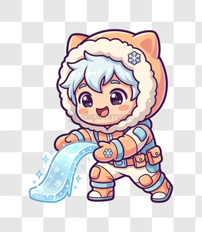 Cute Kid Ice Power Chibi Style cartoon character transparent background
