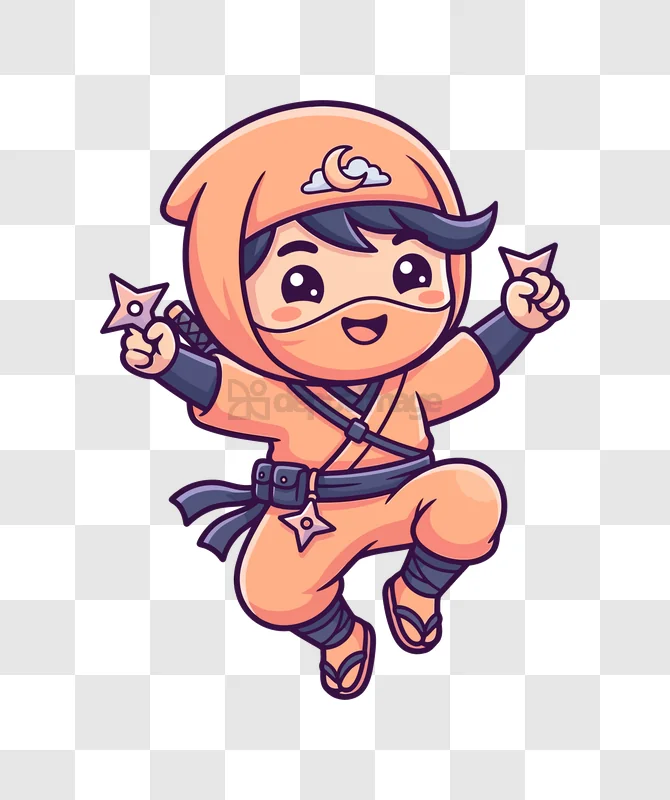 Cute Kid Ninja With Shurikens Jumping cartoon style orange outfit transparent background