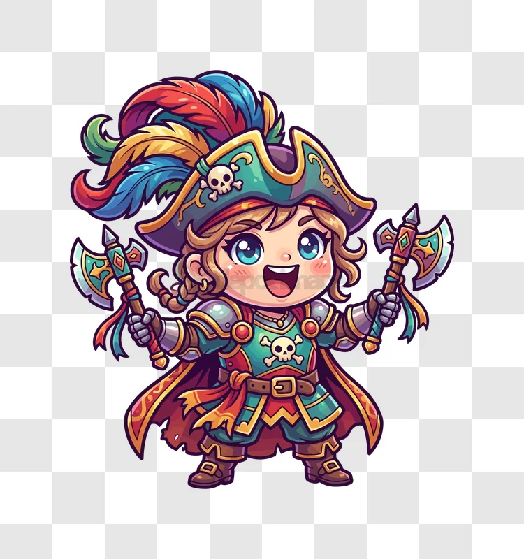 Cute Kid Pirate Holding Two Axes, colorful cartoon style, transparent background