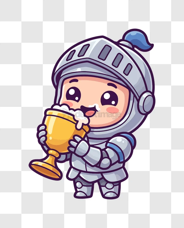 Cute Knight Drinking Golden Goblet cartoon style transparent background