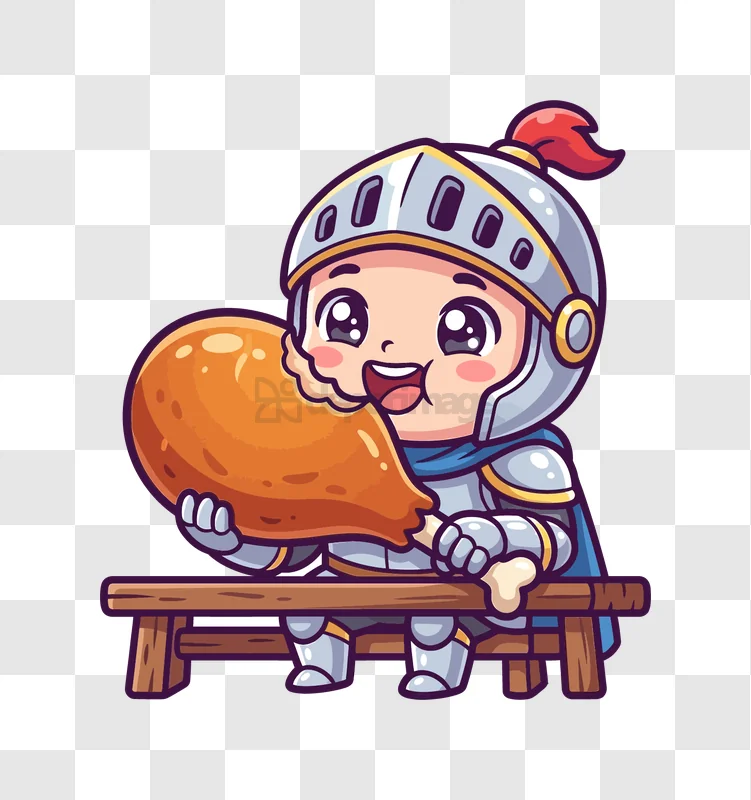 Cute Knight Eating Chicken Drumstick cartoon style transparent background