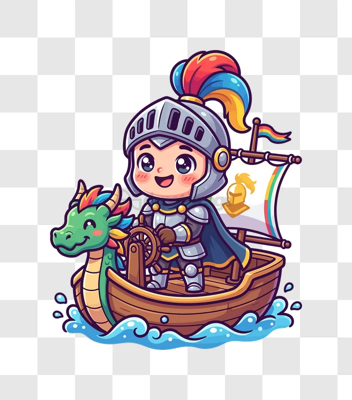 Cute Knight Steering Ship With Dragon cartoon style vibrant colors transparent background