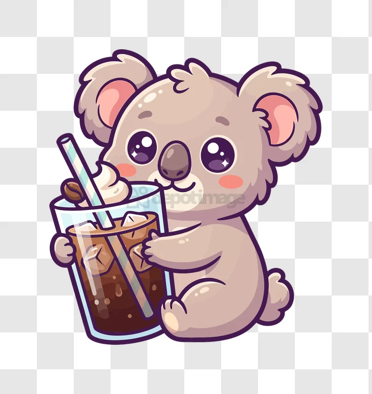 Cute Koala Bear With Iced Coffee cartoon style transparent background
