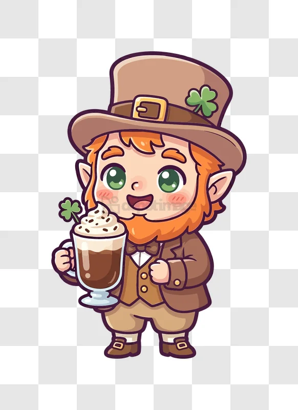 Cute Leprechaun Holding Coffee Drink cartoon style transparent background