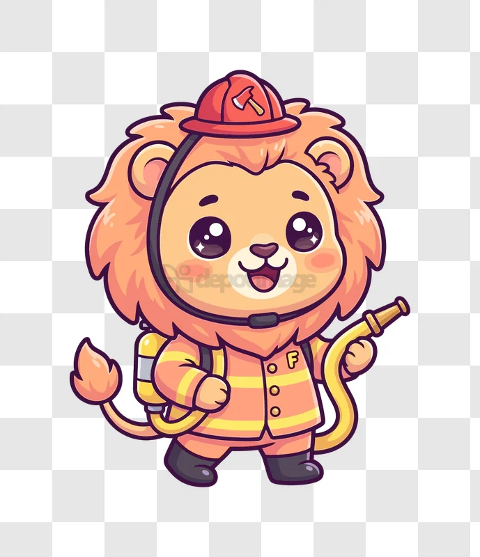 Cute Lion Firefighter Holding Hose cartoon style transparent background