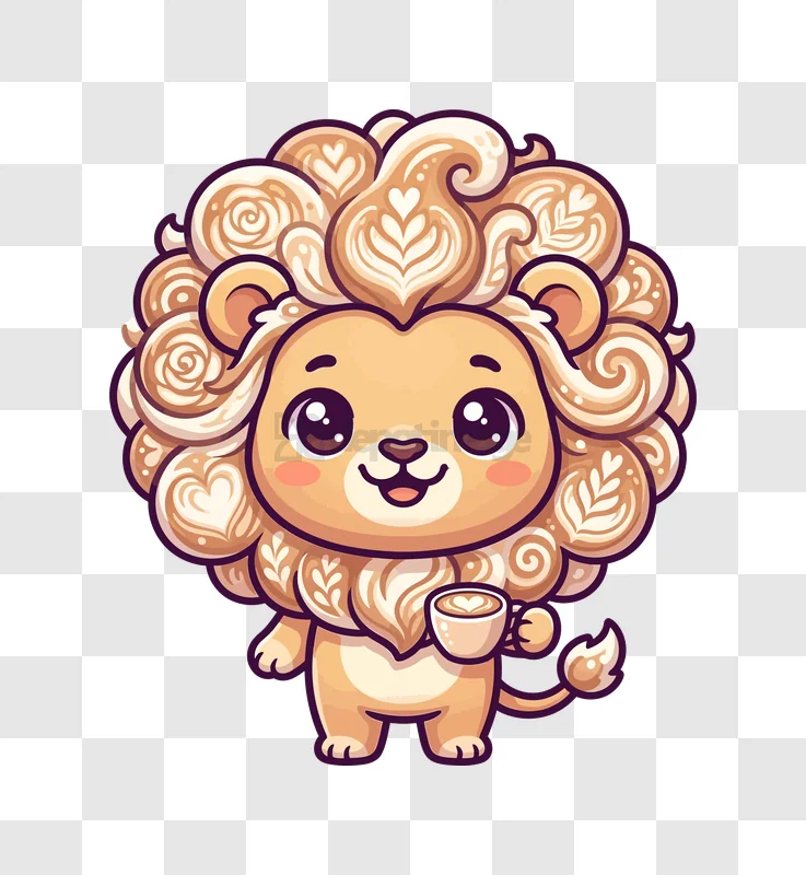 Cute Lion Latte Art Happy cartoon style transparent background
