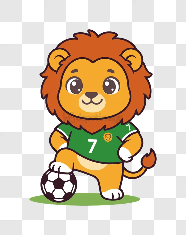 Cute Lion Soccer Player With Ball cartoon style green jersey