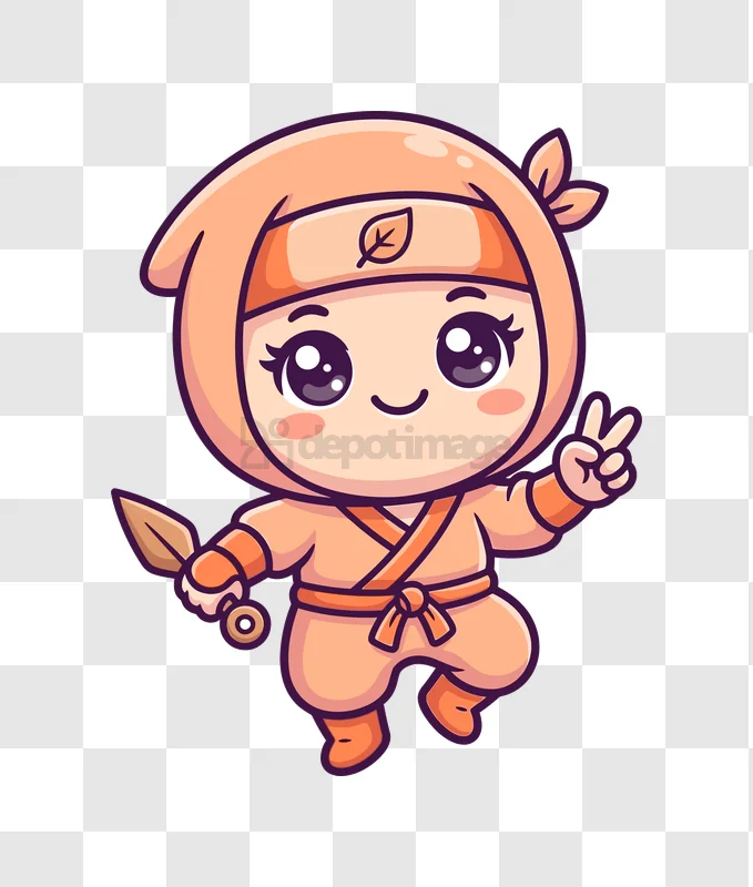 Cute Little Ninja Character With Leaf Weapon and Peace Sign cartoon style transparent background
