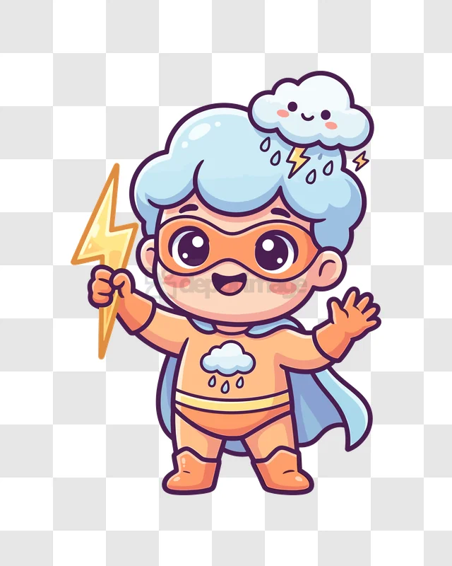 Cute Little Superhero Boy With Lightning Bolt and Rain Cloud cheerful cartoon style, orange blue, transparent background