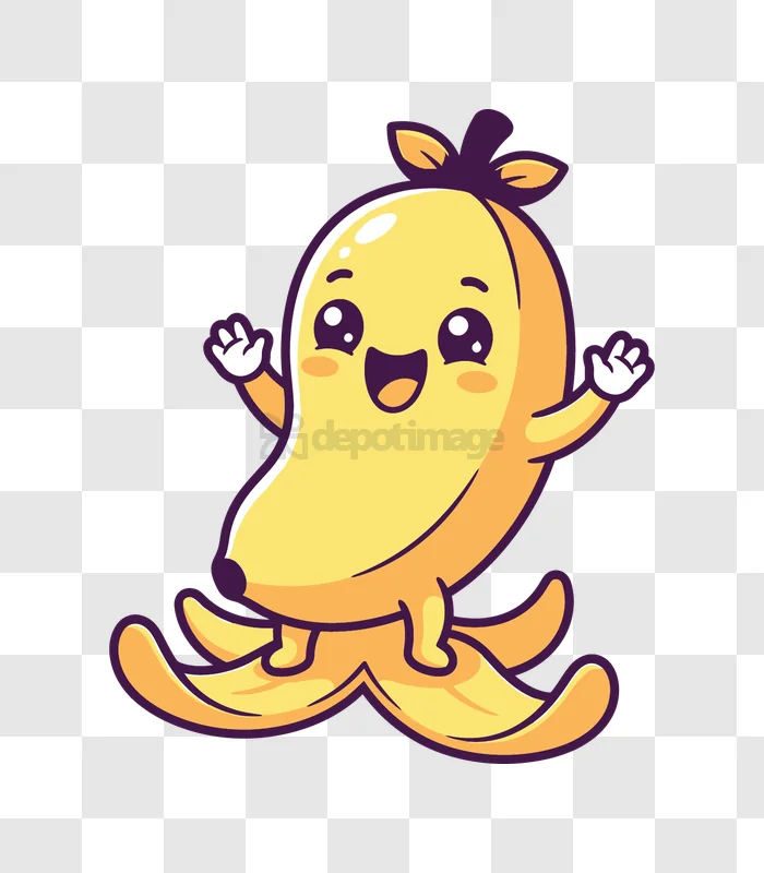 Cute Mango Cartoon on Banana Peel, yellow character transparent background