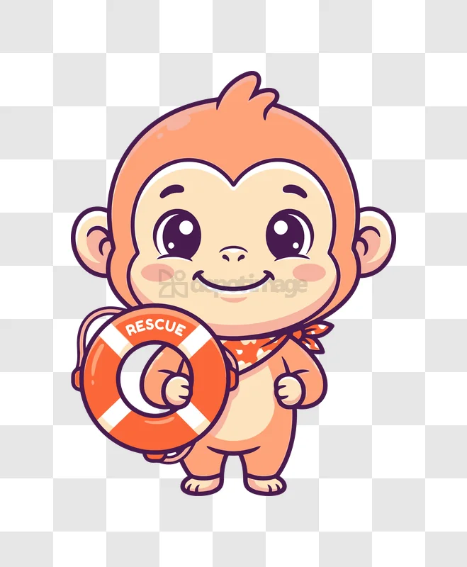 Cute Monkey Holding Lifebuoy Rescue cartoon style transparent background