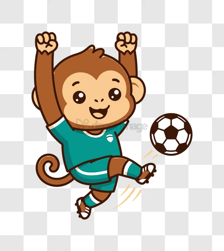 Cute Monkey Kicking Soccer Ball cartoon style transparent background