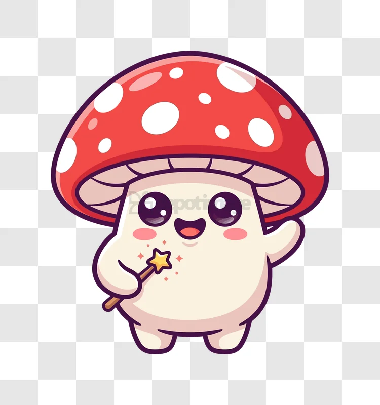 Cute Mushroom Fairy With Magic Wand cartoon style red cap transparent background