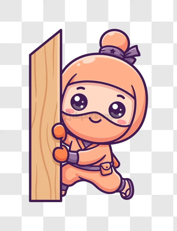Cute Ninja Peeking Around Corner cartoon style orange character transparent background