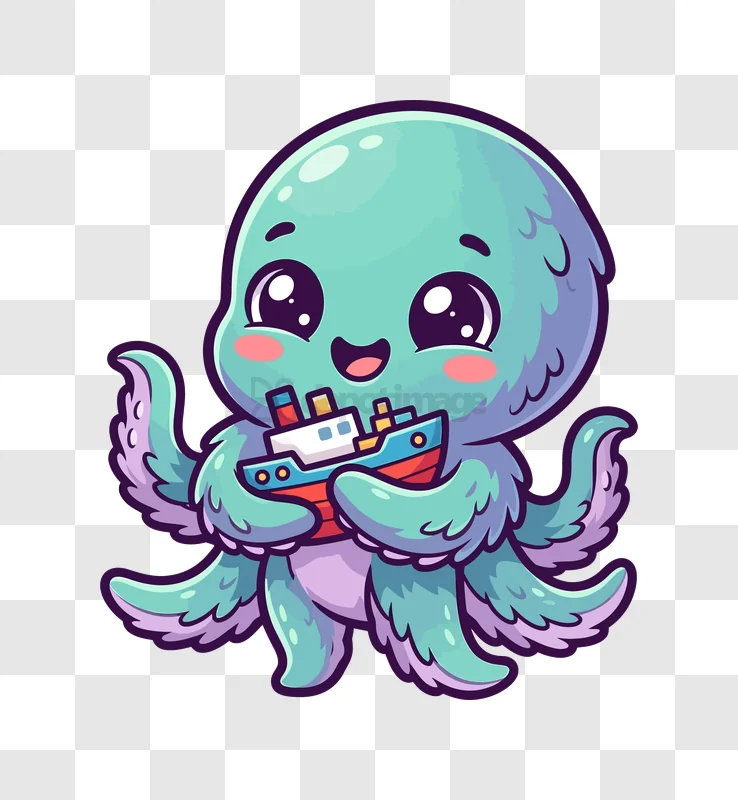 Cute Octopus Holding Small Boat cartoon style teal purple