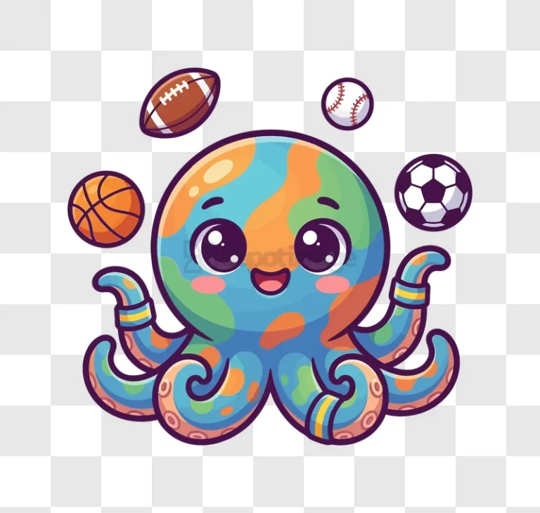 Cute Octopus Juggling Different Sports Balls colorful cartoon character transparent background