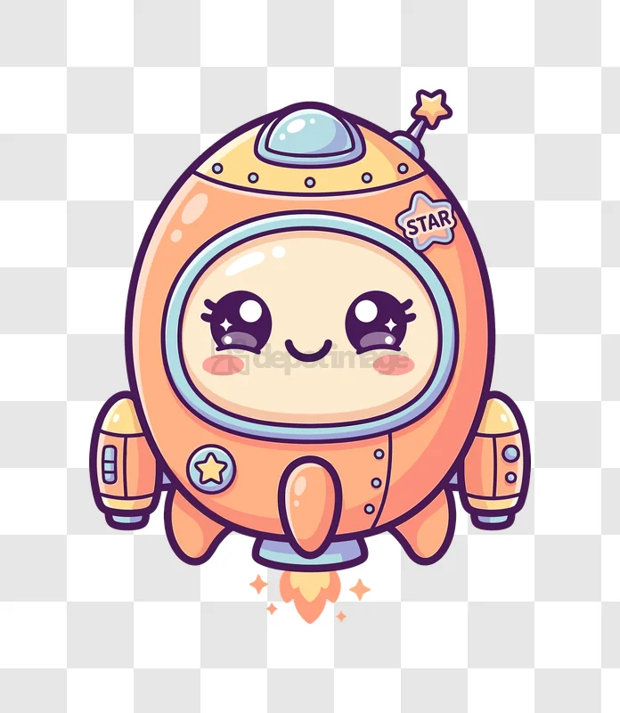 Cute Orange Cartoon Rocket Character, adorable cartoon style, transparent background