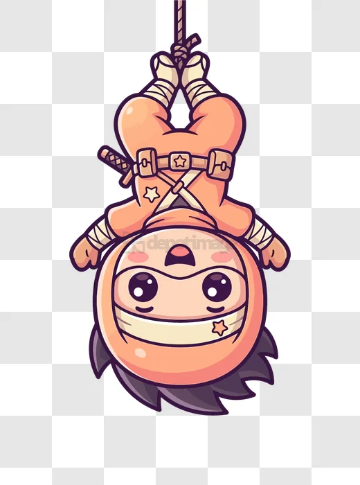 Cute Orange Ninja Hanging Upside Down cartoon style transparent background