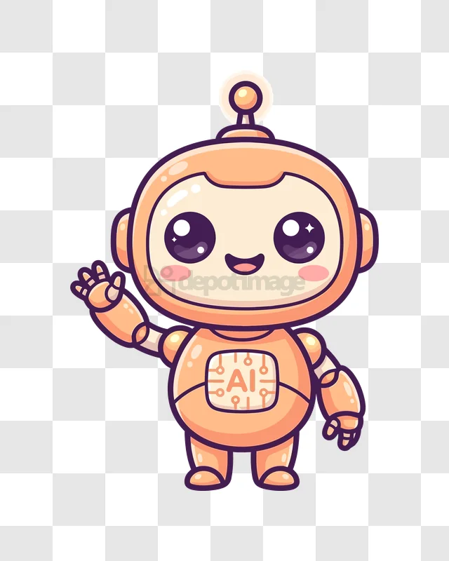 Cute Orange Robot Waving Hello With Ai Chip Display cartoon style transparent background
