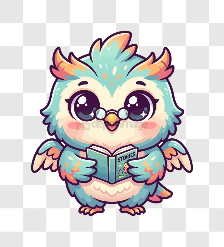 Cute Owl Reading Stories Book cartoon style light blue orange