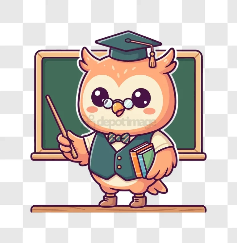 Cute Owl Teacher With Books on Chalkboar cartoon style vibrant colors