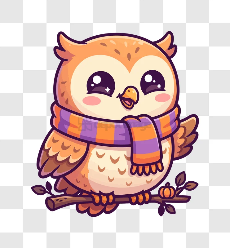 Cute Owl Wearing Scarf on Branch cartoon style orange purple