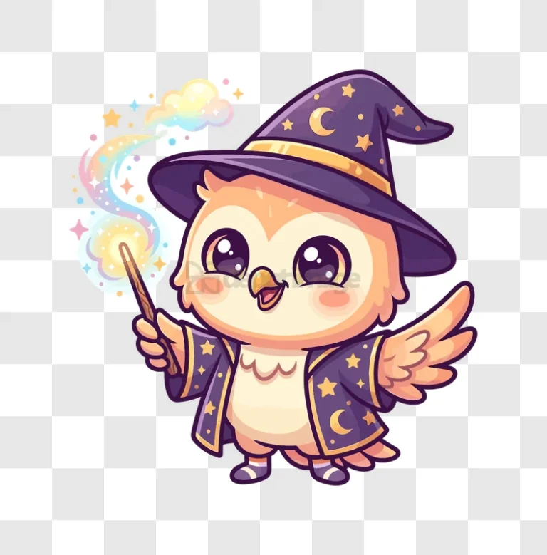 Cute Owl Wizard Casting Spell cartoon style transparent background